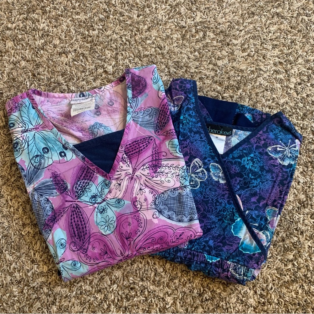 Cherokee/ UA Scrubs Women's Purple and Blue Butterfly Scrub Tops Set of 2